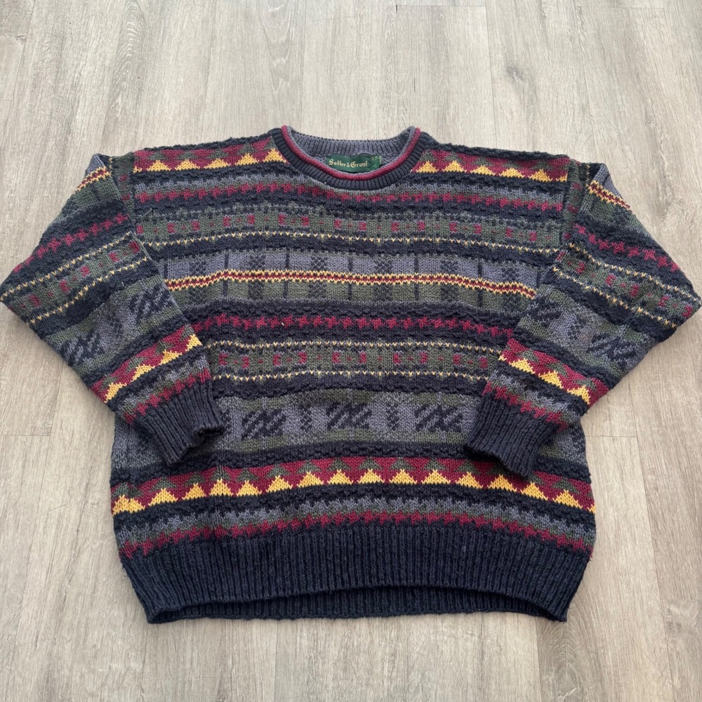 Vintage Sutter & Grant Mens Large Cotton Fair Isle Geometric Knit Sweater USA